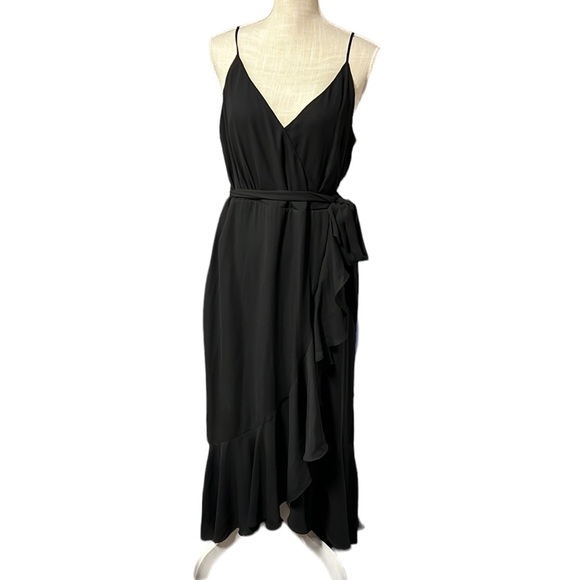 J. Crew Dresses & Skirts - J Crew Spaghetti Strap Black Drapey Faux Wrap Ruffles Mid Calf Midi Womens 14